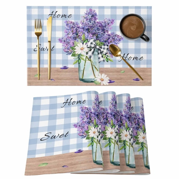 Purple Lavender Placemats Set of 6, Spring Daisy Butterfly Plants Watercolor Blue Placemats for Dining Table, Place Mats for Kitchen Tabletop, Waterproof Wipeable Dining Table Mats Set
