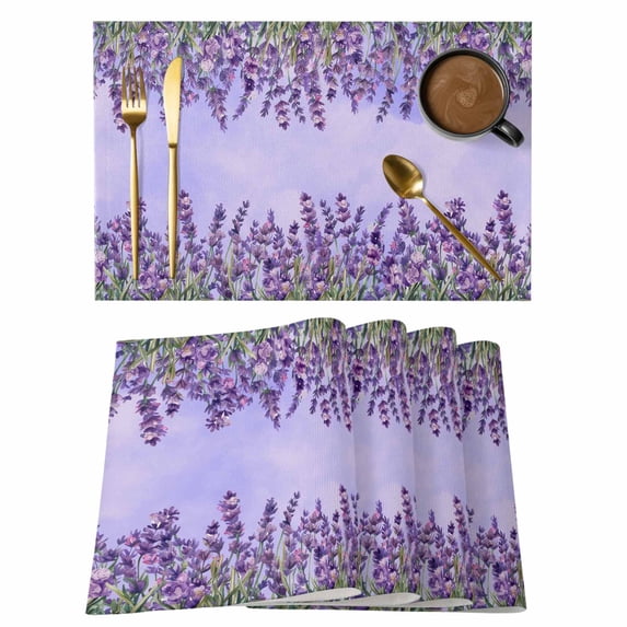 Purple Lavender Placemats Set of 6, Spring Watercolor Wild Flowers Plant Placemats for Dining Table, Place Mats for Kitchen Tabletop, Waterproof Wipeable Dining Table Mats Set