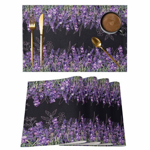 Purple Lavender Placemats Set of 6, Spring Watercolor Wildflowers Plant Black Placemats for Dining Table, Place Mats for Kitchen Tabletop, Waterproof Wipeable Dining Table Mats Set