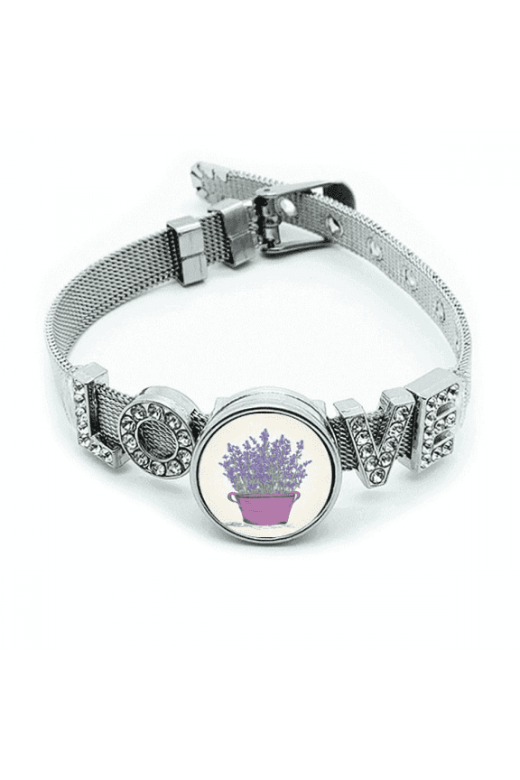 Purple Lavender Pot Flower  Bracelet Wristband Crystal Love Adjustable Bangle