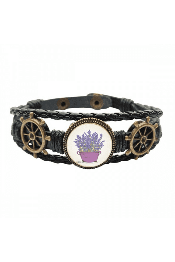 Purple Lavender Pot Flower Leather Braided Ocean Bracelet Wristband