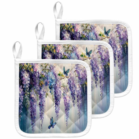 Purple Lavender Pot Holders for Kitchen Heatproof Potholder, 3 Pack Butterfly Flower Abstract Artwork Hot Pads Multipurpose Oven Pads Cloth Potholders Trivet for Cooking Baking