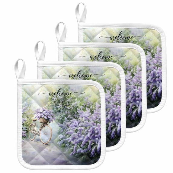 Purple Lavender Pot Holders for Kitchen Heatproof Potholder, 4 Pack Green Leaves Spring Bike Botanical Hot Pads Multipurpose Oven Pads Cloth Potholders Trivet for Cooking and Baking
