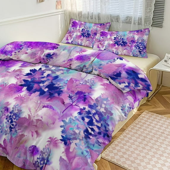 Purple Lavender Print Duvet Cover Set Themed Multicolor Polyester Bedding Set for Bedroom Decoration