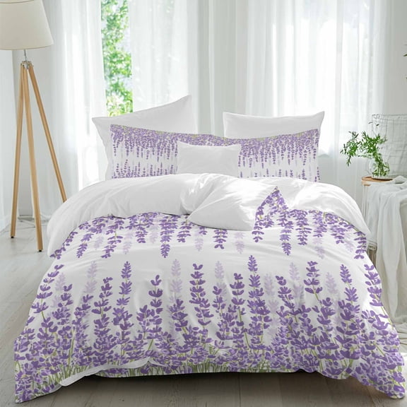 Purple Lavender Queen Size Comforter Set, Pastoral Flowers Leaf Idyllic Plants Bedding for All Seasons, 4 Pcs Bed Set, 1Quiltcover (90"x92") ,1Sheet(94"x116"), 2Pillowcases (30"x20")