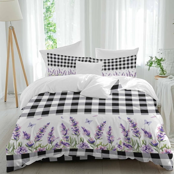 Purple Lavender Queen Size Comforter Set, Spring Purple Floral Butterfly Black Buffalo Plaid Bedding for All Seasons, 4 Pcs Bed Set, 1Quiltcover (90"x92") ,1Sheet(94"x116"), 2Pillowcases (30"x20")