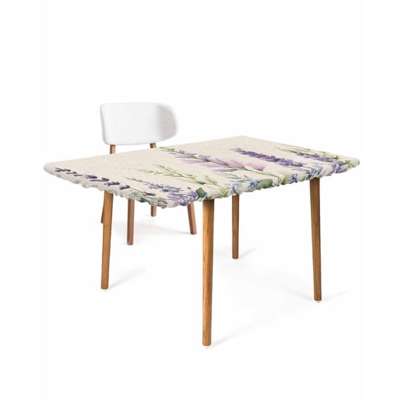 Purple Lavender Rectangle Tablecloth, Waterproof Elastic Fitted Table Covers for 4 Foot Tables, 24x50inch Decorative Tablecloths for Picnic, Camping, Outdoor, Botanical Blossom Motif Leaves Spring