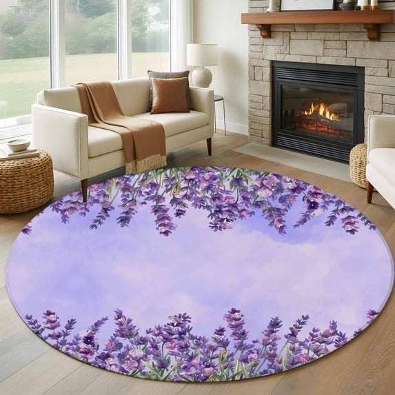 Purple Lavender Round Area Rug 7Ft Washable Circle Rugs for Dorm Laundry Room, Spring Watercolor Wild Flowers Plant Non-Slip Carpet Floor Mats Indoor Outdoor Carpet Runner Aesthetic Home Decor