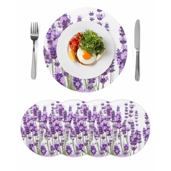 Purple Lavender Round Placemats Set of 4 for Dinning Tables,Heat-proof Braided Table Mats 13 Inch,Farmhouse Pastoral Botanical Floral Washable Place Mat for Kitchen Restaurant Party Table Decor