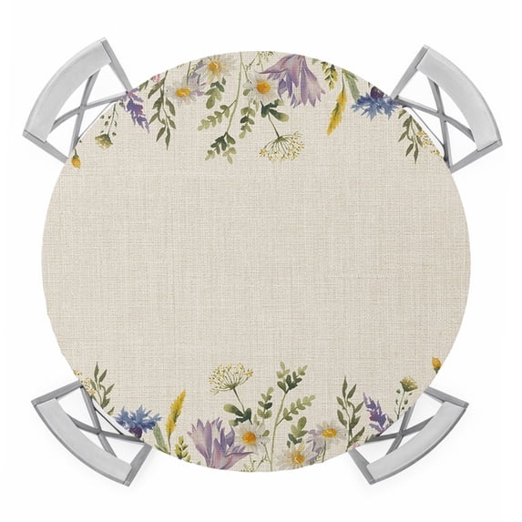 Purple Lavender Round Tablecloth for 36-44 Inch Tables,Fitted Table Cover with Elastic Edge,Spring Rustic Wildflowers Botanical Beige Waterproof Outdoor Table Cloth Protector for Patio Garden Dinner