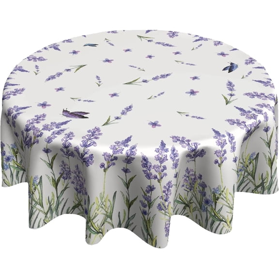 Purple Lavender Round Tablecloth 60 Inch Spring Summer Floral Circle Table Cloth Lilac Flower Stain Resistant Table Cover for Kitchen Dining Picnic Parties Weddings Indoor Outdoor Decor