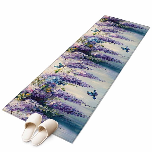 Purple Lavender Runner Rug 2x6 FT, Non Slip Hallway Carpet, Butterfly Flower Abstract Brush Artwork Washable Soft Floor Carpet Throw Runner Carpet Long Rug for Entryway Kitchen Bedside Sliding Door
