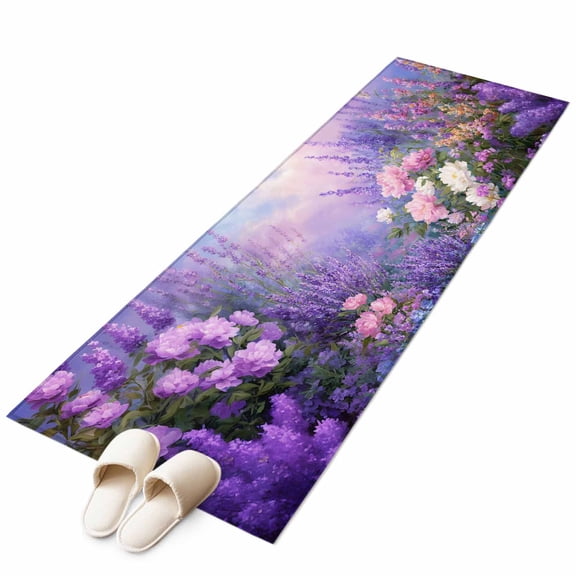 Purple Lavender Runner Rug 2x6 Washable Kitchen Rug Non-Slip Lightweight Thin Soft Low Pile Bathroom Runner Spring Watercolor Country Wildflowers Carpet for Hallway Laundry Room Bedroom Entryway