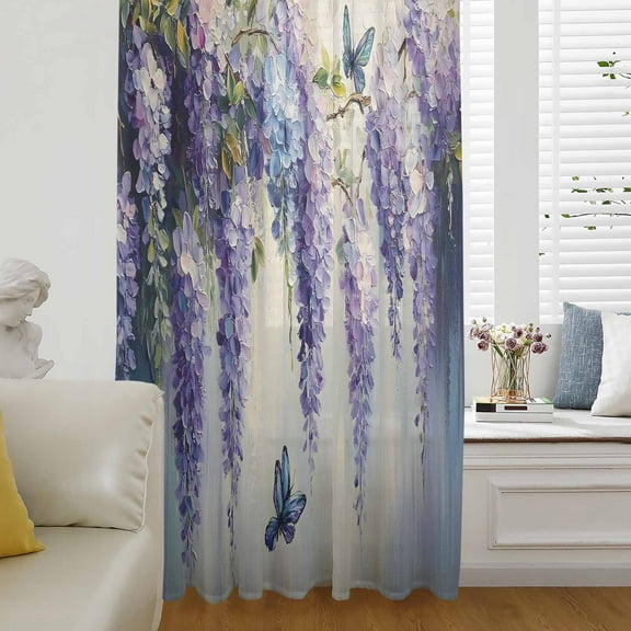 Purple Lavender Semi Sheer Curtains Drapes for Living Room,Bedroom,French Doors Window 54 Inches Long,Butterfly Flower Abstract Brush Artwork Rod Pocket Chiffon Curtain Drapery Voile Draperies Panel