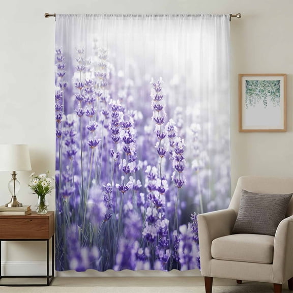 Purple Lavender Sheer Curtains 108" Extra Long for Living Room, Spring Floral Flower Blossom Botanical Light Filtering Privacy Drapes, Semi Sheer Window Treatment for Floor to Ceiling Window