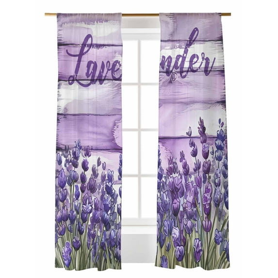 Purple Lavender Sheer Curtains 2 Panels Set Country Watercolor Style Wood Board Lihgt Filtering Rod Pocket Voile Drape, Semi Sheer Window Curtains for Bedroom Living Room, 52"x108"