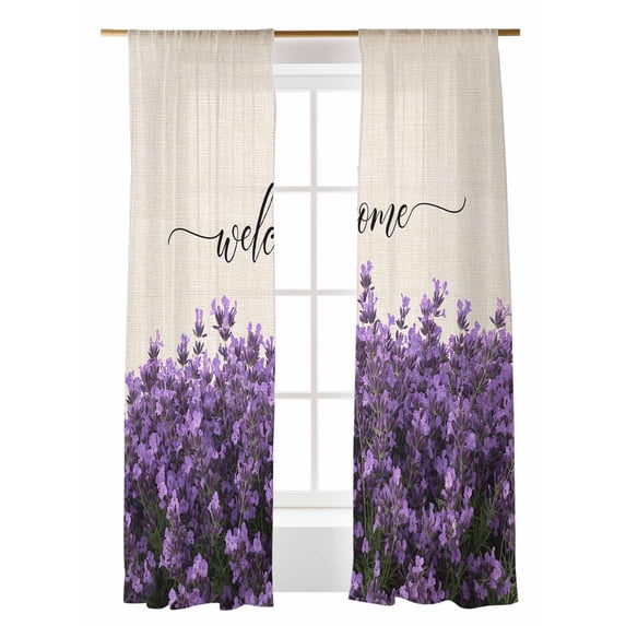 Purple Lavender Sheer Curtains 2 Panels Set Welcome Spring Pastoral Lihgt Filtering Rod Pocket Voile Drape, Semi Sheer Window Curtains for Bedroom Living Room, 52"x84"