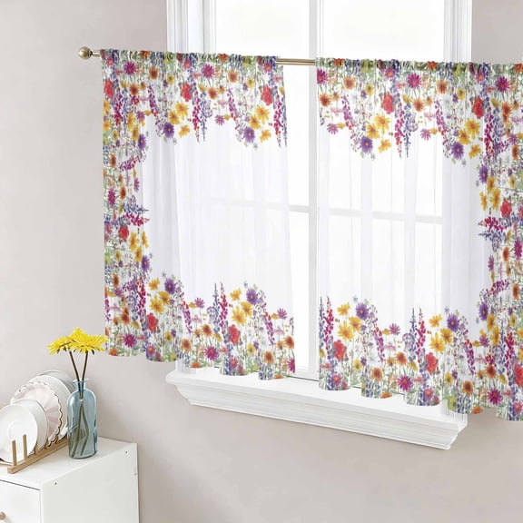 Purple Lavender Sheer Curtains 54 Inch Length 2 Panels Set, Watercolor Floral Daisy Botanical Spring Voile Window Treatment Rod Pocket Short Kitchen Curtains Drapes for Bedroom 52"x54"x2