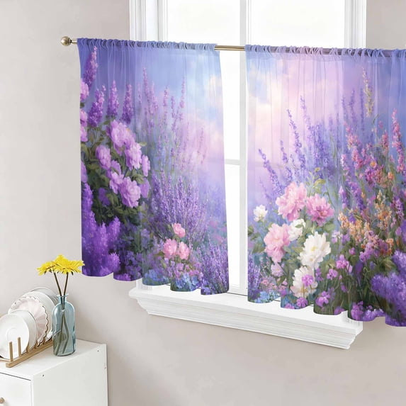 Purple Lavender Sheer Curtains 54 Inch Length 2 Panels Set Window Treatments, Spring Watercolor Country Wildflowers Rod Pocket Semi Curtains for Living Room/Bedroom/Kitchen Décor, 104"W x 54"L