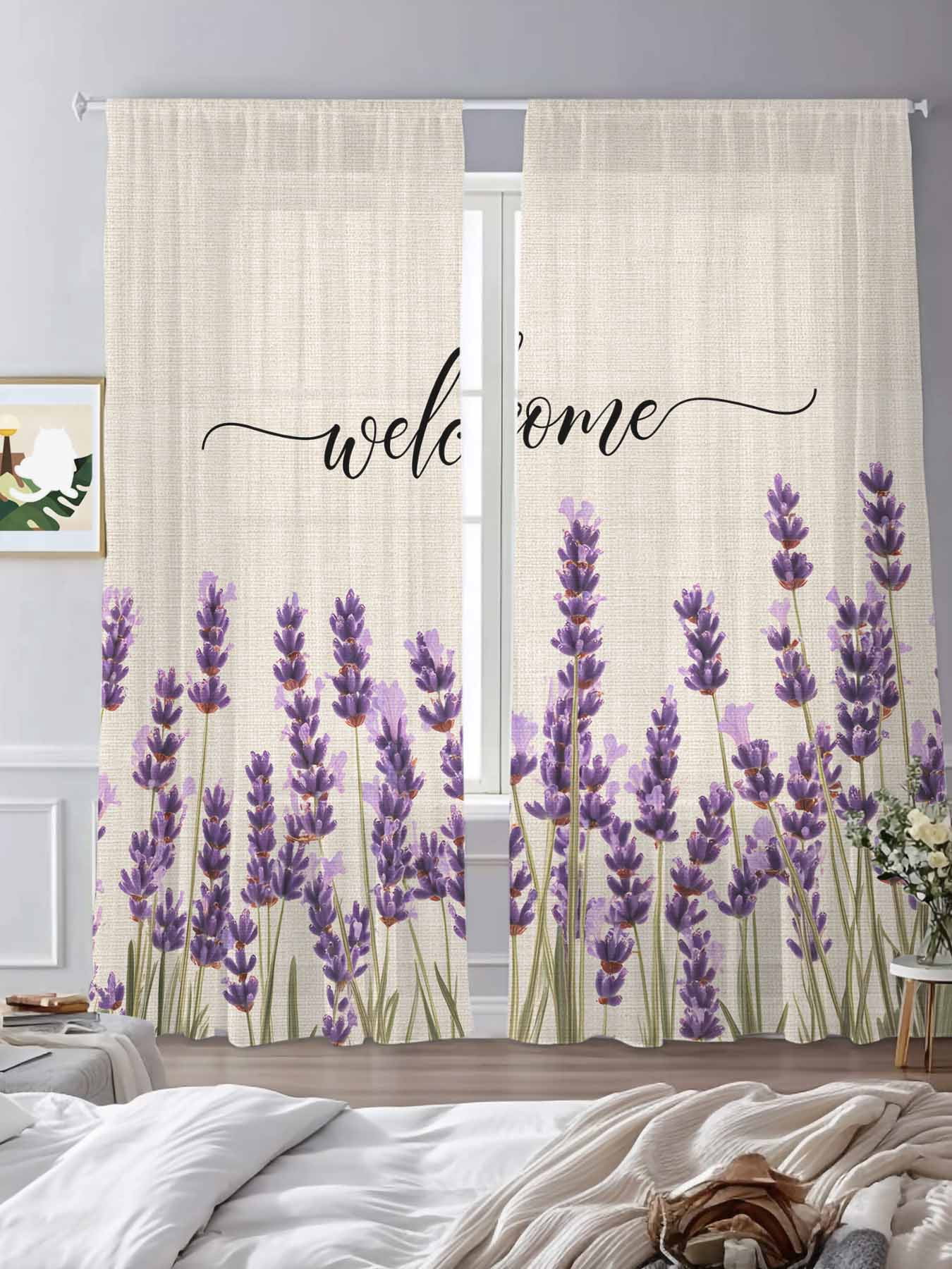 Purple Lavender Sheer Curtains 84 Inches Long 2 Panels, Semi Sheer Rod Pocket Window Curtains Light Filtering Drapes Spring Pastoral Linen Texture for Living Room Bedroom