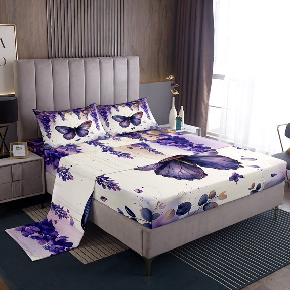 Purple Lavender Sheets,Butterfly Flowers Bed Sheets Set,Botanical Leaves Boho Full Sheet Set,Cute Animlas Top Sheet