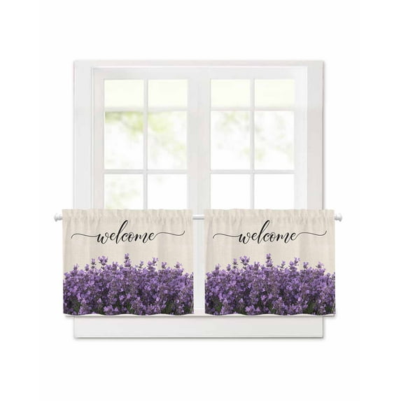 Purple Lavender Short Blackout Curtains 30 Inch Long Welcome Spring Pastoral Rod Pocket Kitchen Curtains, 2 Panels Thermal Insulated Room Darkening Drapes for Bedroom, 42"W x 30"L