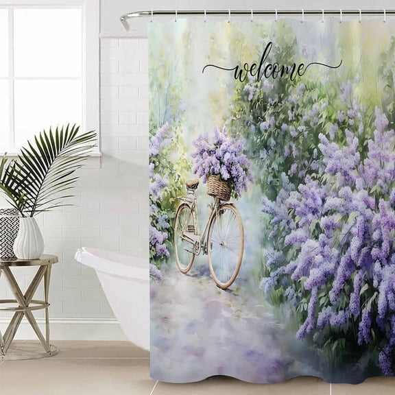 Purple Lavender Shower Curtain Set, Waterproof Shower Curtains for Bathroom, Green Leaves Spring Bike Botanical Washable Fabric Cloth Bath Curtain for Bathtub Decoration with Hooks 48x72 Inches