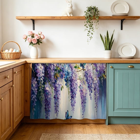 Purple Lavender Small Sink Skirt 10"Wx11"L,Dustproof Under Sink Curtain with Self Adhesive Tape,Butterfly Flower Abstract Brush Artwork Cabinet Curtain Cover for Bathroom Vanity,Kitchen Storage Shelf