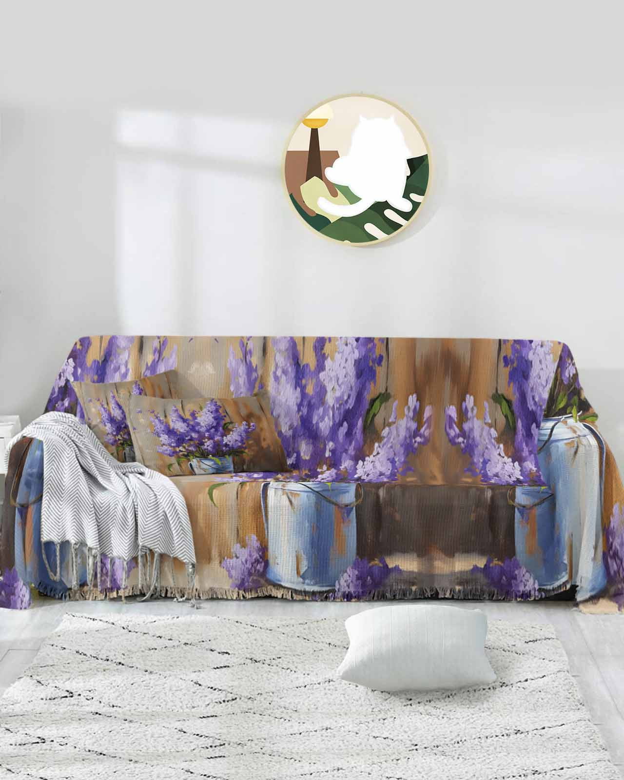 Purple Lavender Sofa Covers for 3 Cushion,Washable Couch Cover for Sectional Sofa Slipcovers with Tassel,Farmhouse Abstract Oil Painting Flower Loveseat Covers Futon Cover Throw Blanket 71''x118''