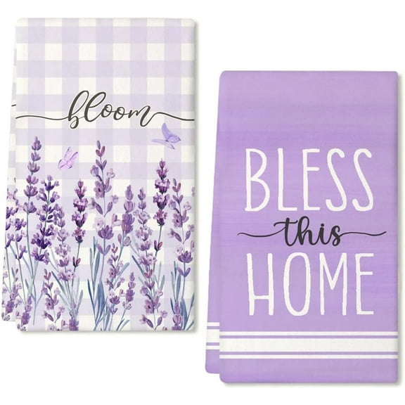 Purple Lavender Spring Kitchen Towels Dish Towels Set of 2,Bless This Home Sign Hand Towels 18x26 Inch Drying Dishcloth,Farmhouse Home Seasonal Spring Decorations AD288