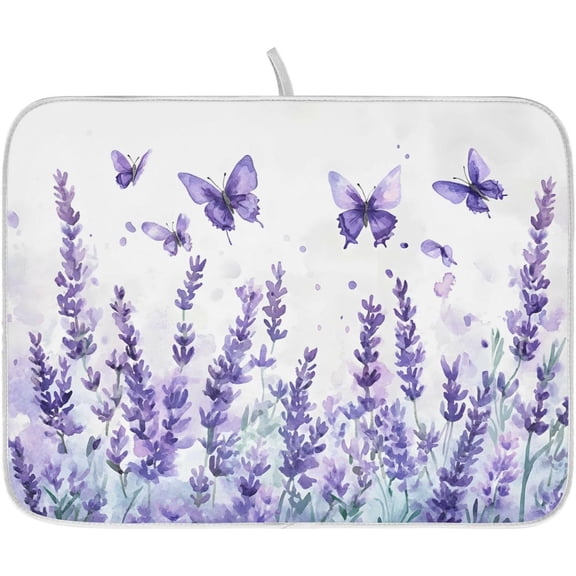 Purple Lavender Spring Summer Flower Floral Dish Drying Mat for Kitchen Counter Absorbent Microfiber Small Drying Pad Dish mats for Kitchen Countertops 16 x 18 Inch