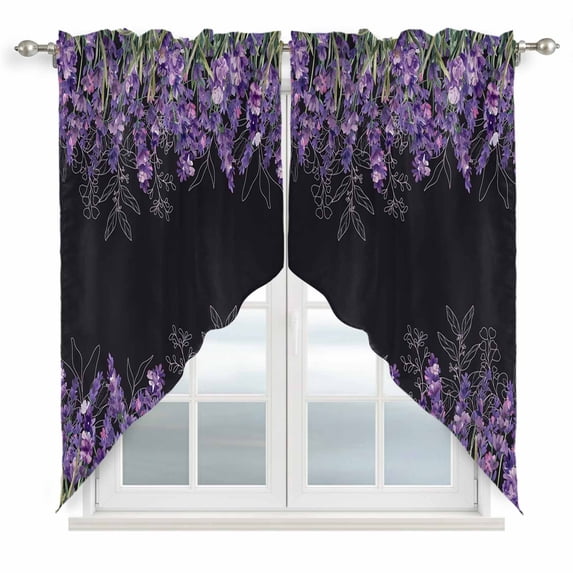 Purple Lavender Swag Valances for Windows 2 Pack, Kitchen Window Curtains 36 Inch Length, Spring Watercolor Wildflowers Plant Black Privacy Swag Curtains for Living Room/Bathroom 36"x36"