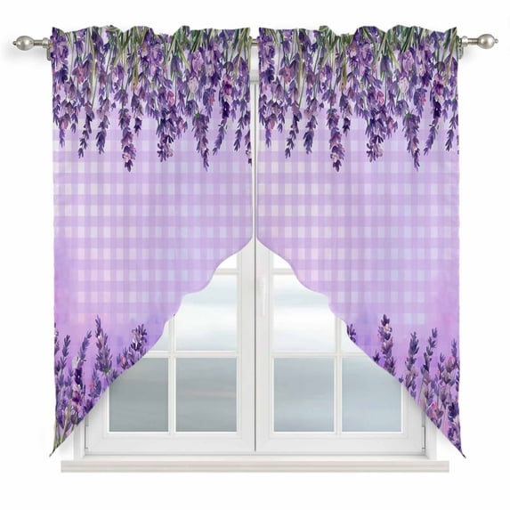 Purple Lavender Swag Valances for Windows, Kitchen Curtains 36 Inch Length 2 Panels Set, Spring Watercolor Wildflowers Plant Plaid Short Curtains for Small Windows Rod Pocket Cafe Curtains 28"x36"