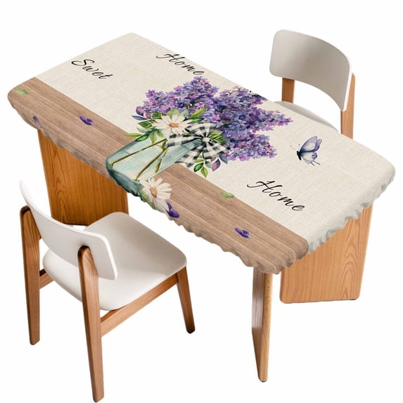 Purple Lavender Table Cloths for 4 Foot Rectangle Tables, Spring Floral Daisy Butterfly Leaves Beige Patio Waterproof Elastic Fitted Tablecloths, Washable Rectangular Table Cover for Camping