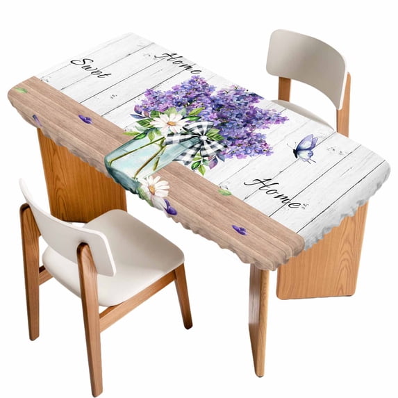Purple Lavender Table Cloths for 4 Foot Rectangle Tables, Spring Floral Daisy Butterfly Leaves Gray Patio Waterproof Elastic Fitted Tablecloths, Washable Rectangular Table Cover for Camping