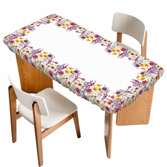 Purple Lavender Table Cloths for 4 Foot Rectangle Tables, Watercolor Floral Daisy Botanical Spring Patio Waterproof Elastic Fitted Tablecloths, Washable Rectangular Table Cover for Camping