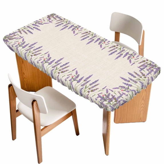 Purple Lavender Table Cloths for 5 Foot Rectangle Tables, Farmhouse Vintage Botanical Flowers Floral Patio Waterproof Elastic Fitted Tablecloths, Washable Rectangular Table Cover for Camping