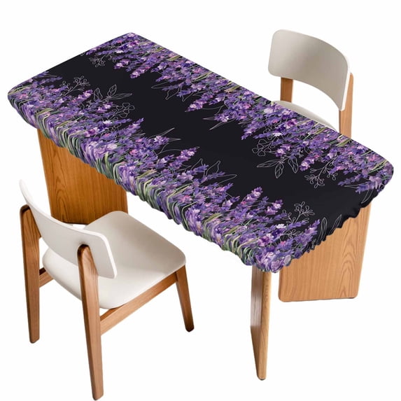 Purple Lavender Table Cloths for 5 Foot Rectangle Tables, Spring Watercolor Wildflowers Plant Black Patio Waterproof Elastic Fitted Tablecloths, Washable Rectangular Table Cover for Camping