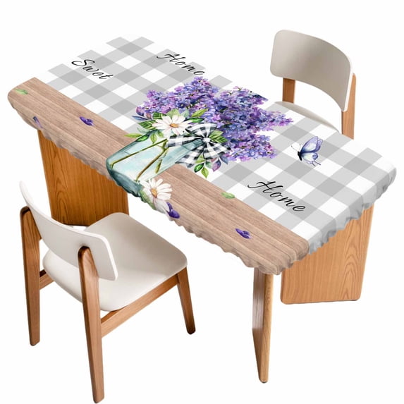 Purple Lavender Table Cloths for 6 Foot Rectangle Tables, Spring Butterfly Daisy Watercolor Gray Patio Waterproof Elastic Fitted Tablecloths, Washable Rectangular Table Cover for Camping