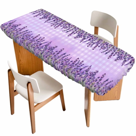 Purple Lavender Table Cloths for 8 Foot Rectangle Tables, Spring Watercolor Wildflowers Plant Plaid Patio Waterproof Elastic Fitted Tablecloths, Washable Rectangular Table Cover for Camping