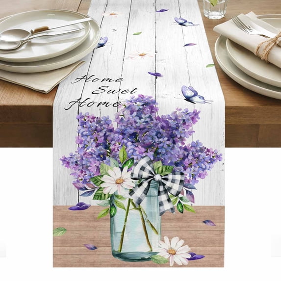 Purple Lavender Table Runner - 108 Inch Long, Kitchen Dining Table Runner Dresser Scarves, Spring Floral Daisy Butterfly Leaves Gray Farmhouse Decor for Coffee Tables Wedding Party Banquet