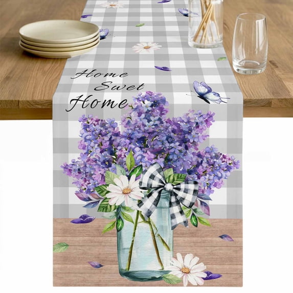 Purple Lavender Table Runner 60 Inches Long Farmhouse Dress Scarves, Spring Butterfly Daisy Watercolor Gray Dining Tablerunner for Coffee Table/Kitchen Island/Party Décor, 13" x 60"