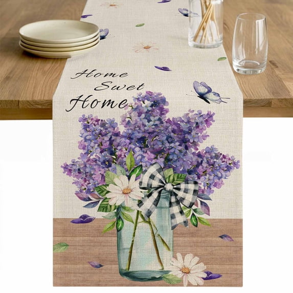 Purple Lavender Table Runner 90 Inches Long Farmhouse Dress Scarves, Spring Floral Daisy Butterfly Leaves Beige Dining Tablerunner for Coffee Table/Kitchen Island/Party Décor, 13" x 90"