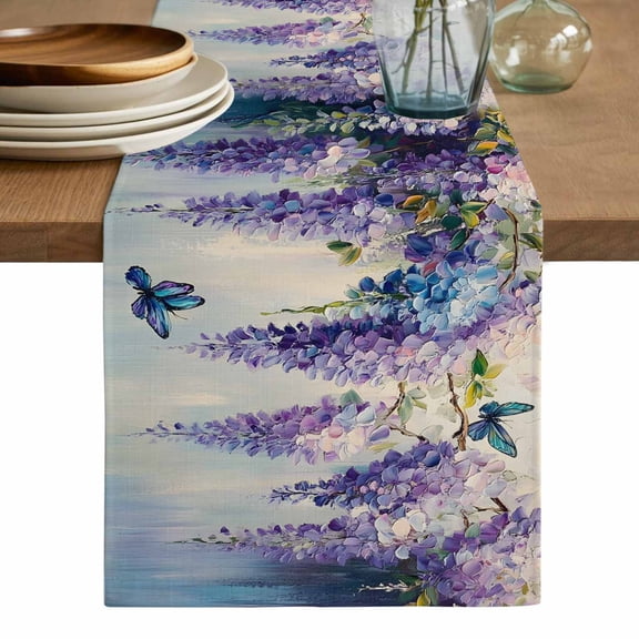 Purple Lavender Table Runner, Butterfly Flower Abstract Artwork Washable Cotton Linen Table Runners 60 Inches Long, Dresser Scarf Runner for Coffee/TV Stands/Kitchen/Cabinets 13''x60''