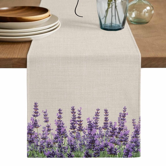 Purple Lavender Table Runner, Purple Spring Floral Wildflower Plant Washable Cotton Linen Table Runners 36 Inches Long, Dresser Scarf Runner for Nightstand/End Tables/Round Tables 13''x36''
