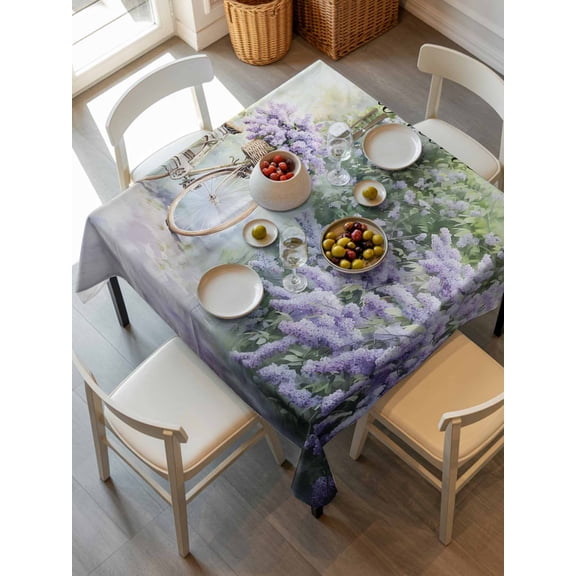 Purple Lavender Tablecloth Square Table Cloth 54x54,Waterproof Outdoor Table Cloth Covers Decorative Table Protector ,Green Leaves Spring Bike Botanical Washable Table Cover for Kitchen Dinning Party
