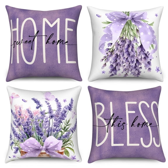 DaShan Purple Lavender Throw Pillow Covers 18x18 Set of 4,Spring Summer Floral Decorative Pillow Cases for Bedroom Sofa Couch