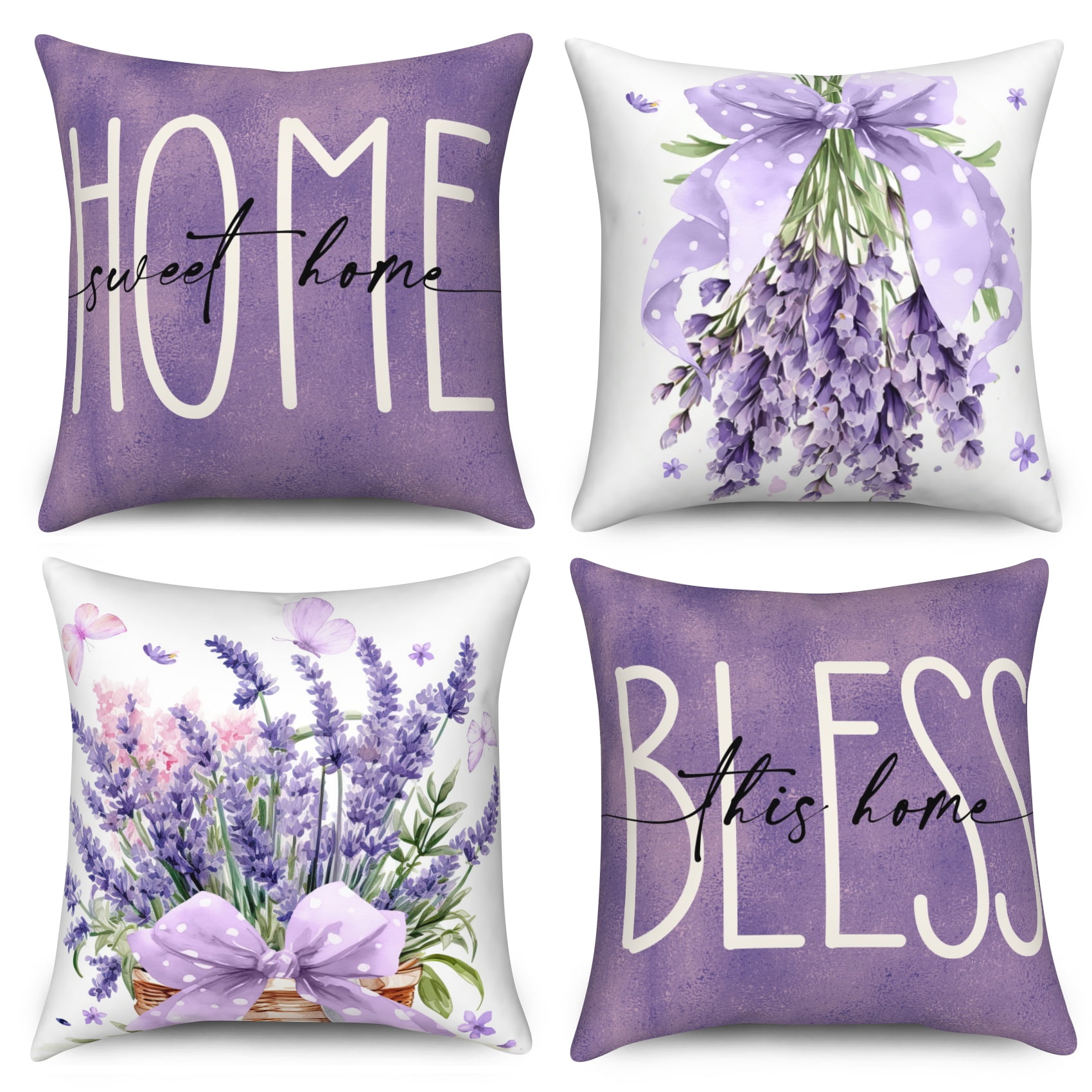 Purple Lavender Throw Pillow Covers 20x20 Set of 4,Spring Summer Floral Decorative Pillow Cases for Bedroom Sofa Couch