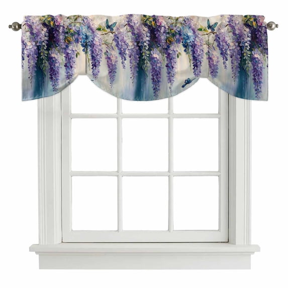 Purple Lavender Tie Up Valance Curtains for Windows, Kitchen Curtains Window Shades, Butterfly Flower Abstract Brush Artwork Light Filtering Roman Curtain Valances for Bedroom/Bathroom/Cafe 42"x18"