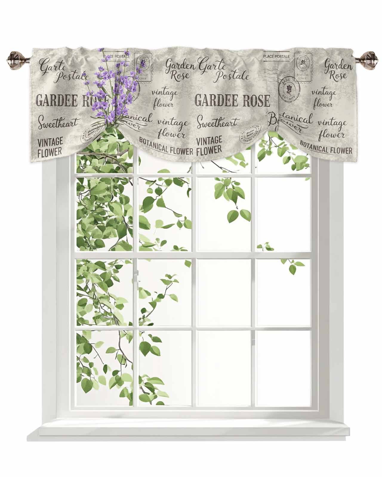 Purple Lavender Tie Up Valances Curtain, Vintage Letter Texture Flowers Floral Kitchen Valances for Windows Decor, Rod Pocket Short Curtains Set for Bedroom/Bathroom, 54"x18"